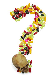 Pills, question, symbol, symbol for the questionable future of m