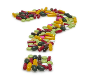 Pills, question, symbol, symbol for the questionable future of m