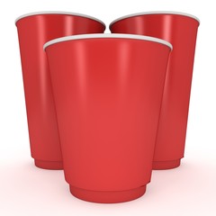 Disposable drink cups. Red paper mug. 3d render isolated on white background
