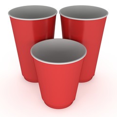 Disposable drink cups. Red paper mug. 3d render isolated on white background
