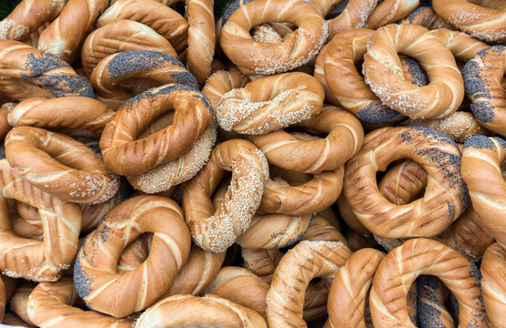 Traditional Cracovian  prezels with salt,  poppy and sesame seeds