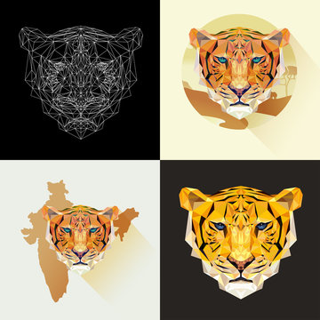 Dangerous mammal animal. Vector set tigers in polygonal style. Predatory animal. Tiger face for tattoo, wallpaper, poster and printing on t-shirts. Tigers low poly image. Abstract cat mammal.