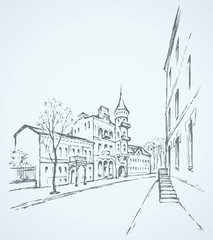 Street of old town. Vector drawing