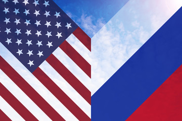 Single American and Russian flag in shape of letter V