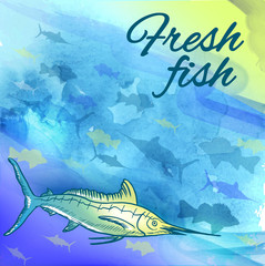 Seafood watercolor poster. Template for menu or brochure. Vector illustration