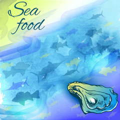 Seafood watercolor poster. Template for menu or brochure. Vector illustration