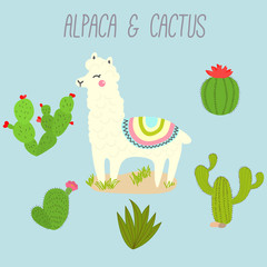Cute Vector Llama and Cactus Design Elements. Illustration.