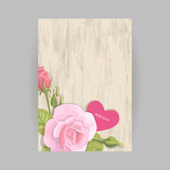 Bouquet of pink roses and heart for vintage vertical greeting card on wooden background. Save the date romantic floral card valentines day, birthday, vector illustration