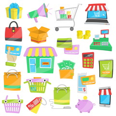 Cartoon vector icons for sales and shopping