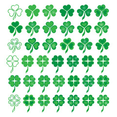 Set Icons of Clover: contour, color and gradient. Vector illustration.