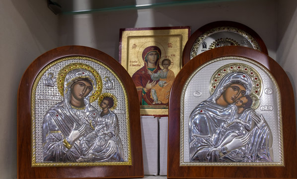 Icons of the Mother of God in the souvenir shop in Israel