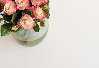 High angle view of pink and cream roses in glass vase on white table (selective focus)
