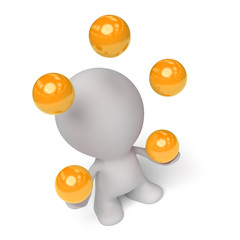 white man juggling five golden balls