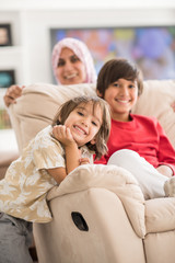 Obraz premium Happy mother and son at modern new white home