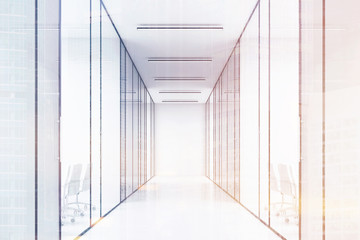 Long office corridor with glass walls. There are several conference rooms in it and. Concept of a successful company. 3d rendering. Toned image. Double exposure