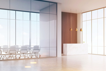 Corner of office. White reception table with a paper cup of coffee standing in a hall. Conference room. Glass and wooden wall. 3d rendering. Mock up. Toned image