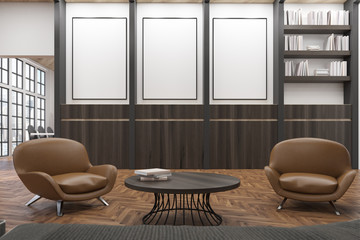 Office waiting room with two comfortable dark leather armchairs near a round coffee table. There is a bookcase and three vertical posters. 3d rendering. Mock up