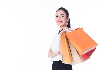 women holding shopping bags in her hand with a copy space,isolated on white background