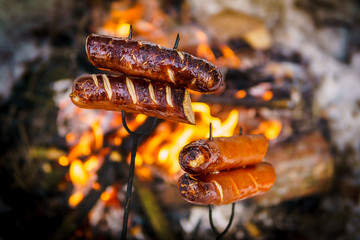 delicious sausages baked on a campfire in the forest