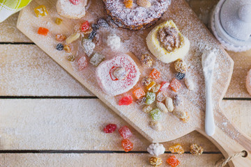 Rahat lokum with candied peels, nuts and sugar powder