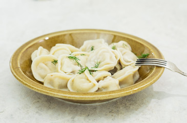 Pelmeni. Boiled dumplings filling minced meat. Shallow depth of field.