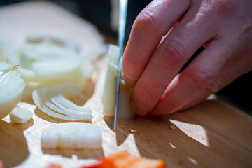 on a wooden board cut onion closeup
