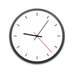 Simple illustration of clock with hour, minute and second arrows, isolated on white background. Can be used as icon. Vector illustration.