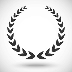 Retro round floral black laurel wreath, with shadow, isolated on light grey background. Vector illustration.