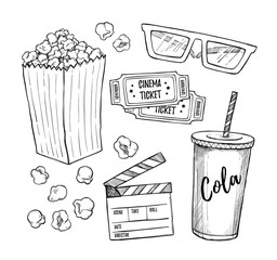 Hand drawn vector illustrations - Cinema collection. Movie and film elements in sketch style. Perfect for invitations, cards, posters, banners, flyers etc - obrazy, fototapety, plakaty
