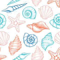 Hand drawn vector illustrations - seamless pattern of seashells.  Marine background. Perfect for invitations, greeting cards, posters, prints, banners, flyers etc