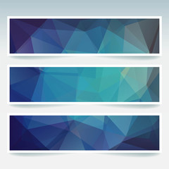 Vector banners set with blue polygonal abstract triangles. Abstract polygonal low poly banners
