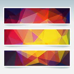 Set of banner templates with abstract background. Modern vector banners with polygonal background. Yellow, red, purple colors.