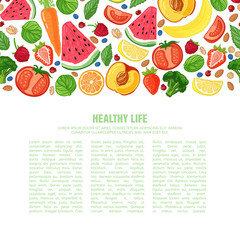 Template design booklet with the decor of the fruit. Horizontal pattern of natural foods, fruits, vegetables and berries. Seamless decor vegetarian meal for poster, banner. Vector.