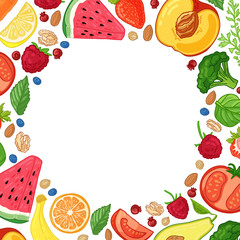 Template design booklet with the decor of the fruit. Circle pattern of natural foods, fruits, vegetables and berries. Frame with decor vegetarian food for poster, banner. Vector.