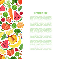 Template design booklet with the decor of the fruit. Horizontal pattern of natural foods, fruits, vegetables and berries. Seamless decor vegetarian meal for poster, banner. Vector.