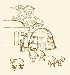 Prehistoric settlement. Vector drawing