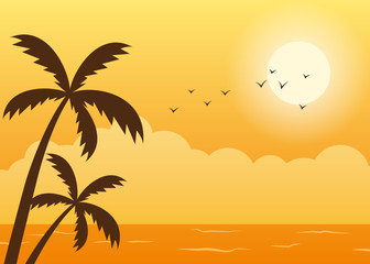 Fototapeta na wymiar Tropical beach summer sunset scene with palm tress silhouette