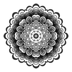 Circle lace ornament, round ornamental geometric doily pattern, black and white isolated mandala with halftone dots