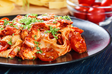 Pappardelle pasta with shrimp, tomatoes and herbs