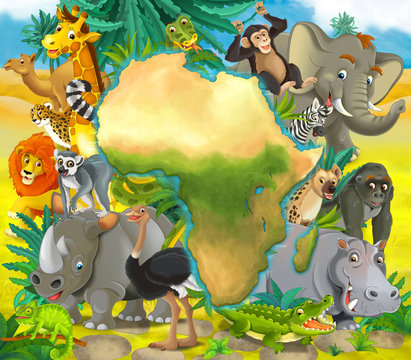 Cartoon african animals - with map - frame for title - illustration for children