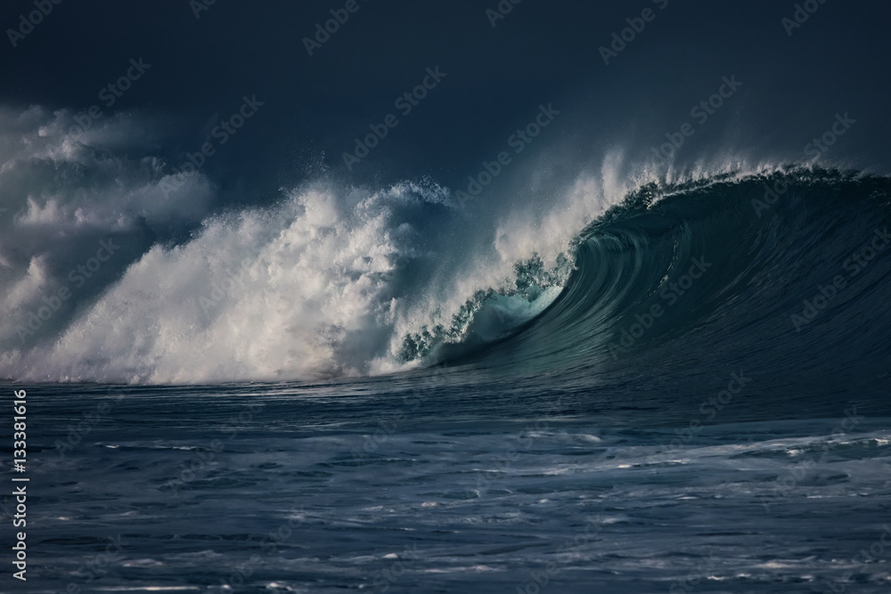 Wall mural huge waves crashing in ocean. seascape environment background. water texture with foam and splashes.