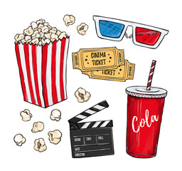 Obraz premium Hand drawn colorful vector illustrations - Cinema collection. Movie and film elements in sketch style. Perfect for invitations, cards, posters, banners, flyers etc