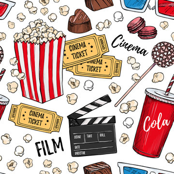 Hand drawn colorful vector seamless pattern - Cinema collection. Movie and film elements in sketch style. Perfect for invitations, cards, posters, banners, flyers
