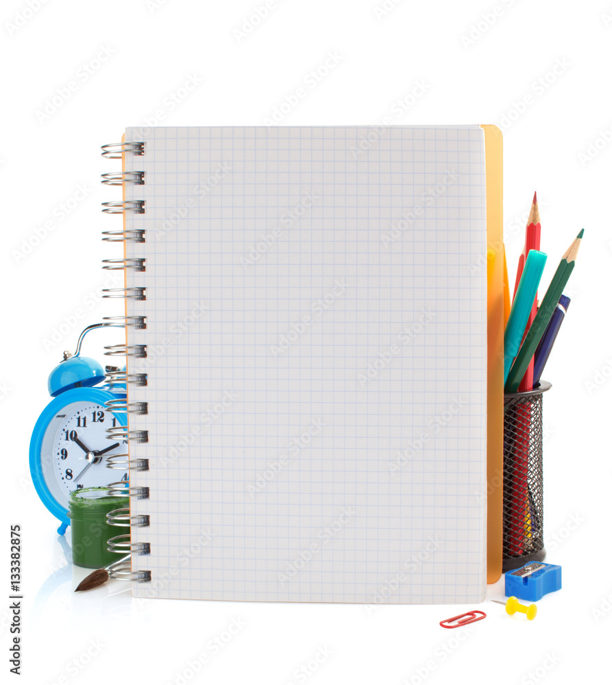 Wall mural notebook and school supplies isolated on white