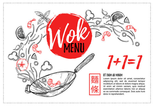 Hand drawn vector illustration - Promotional brochure with Asian food. Wok. Perfect for restaurant brochure, cafe flyer, delivery menu. Ready-to-use design template with illustrations in sketch style.