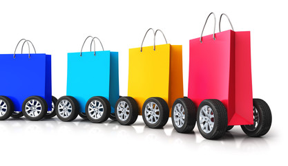 Train from group of paper shopping bags with car wheels