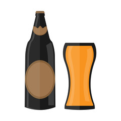 Beer bottle flat icon with glass
