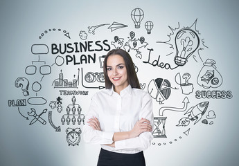 Cheerful woman and business plan scheme