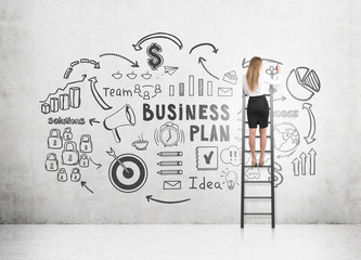 Woman on ladder drawing business plan sketch