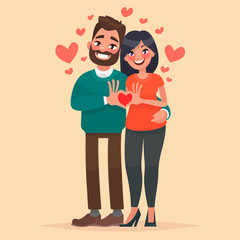 Couple in love. A man and a woman show heart with his hands. Cha